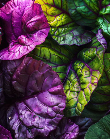 Vibrant purple and green leafy vegetables arranged artistically against a dark backgroundの素材