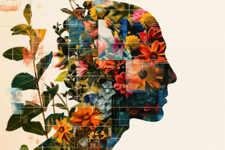Floral silhouette blending human shape with vibrant flowers on a light backgroundの素材