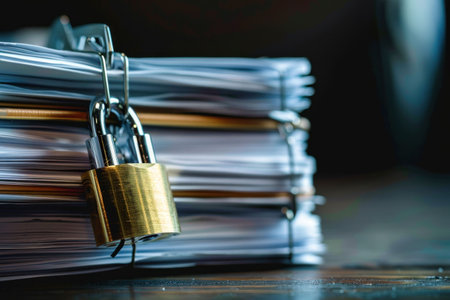 A close up of secured documents with a brass padlock on a stack of papers against a blurred dark background The image represents confidentiality and security conceptsの素材