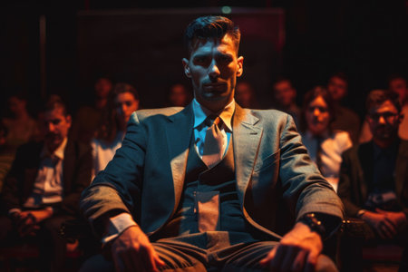 A man in a formal suit sits confidently in a dimly lit theater, surrounded by an audience in the background, enhancing the dramatic atmosphereの素材