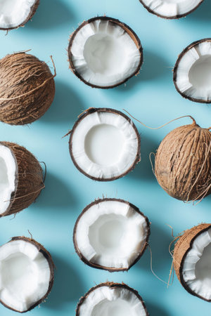 Fresh coconuts halved on a pale blue background, showcasing their white flesh and brown shells, arranged artistically for a vibrant lookの素材
