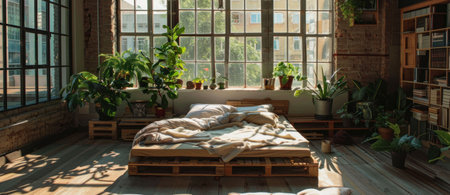 Cozy bedroom with wooden pallet bed surrounded by lush greenery and large windows letting in natural lightの素材