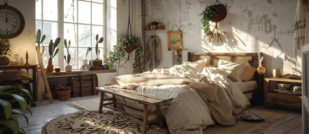 Cozy and serene bedroom with natural decor, sunlight filtering through large windows, earthy tones creating a warm atmosphereの素材