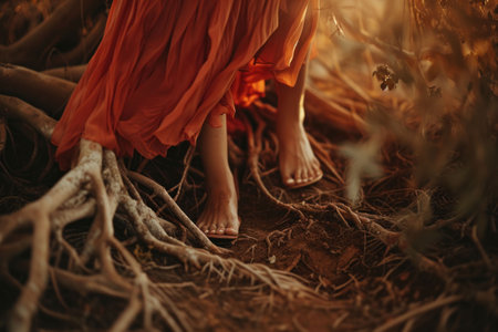 A woman in a flowing orange dress walking barefoot among tree roots and earth, basking in warm, golden sunlightの素材