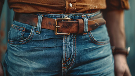 Close up of a person s waist in faded blue jeans and a brown leather belt against a rustic backgroundの素材