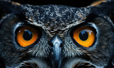Close up of an owl s face showcasing striking orange eyes and intricate feather details against a dark backgroundの素材