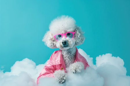 A stylish poodle wearing pink glasses and a jacket surrounded by fluffy clouds against a bright turquoise backgroundの素材