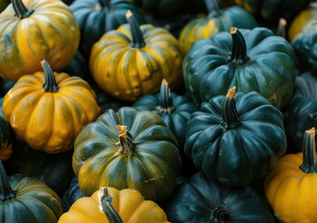 Colorful pumpkins stacked together in various shades of green and yellow on a textured backgroundの素材