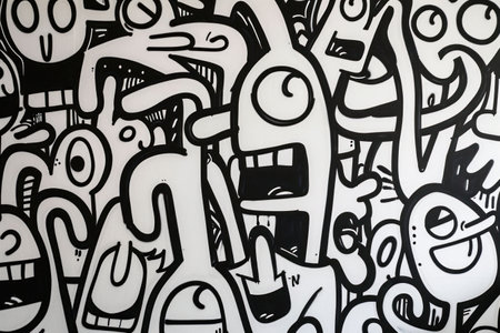 Abstract black and white illustration featuring playful cartoon characters with exaggerated expressions and forms on a light backgroundの素材