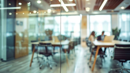 Modern office interior with blurred people working at a table, glass partitions, and bright lightingの素材