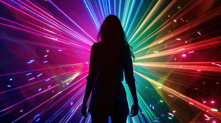 Silhouette of a woman against a vibrant burst of colorful light rays in various shades of pink, green, and blueの素材