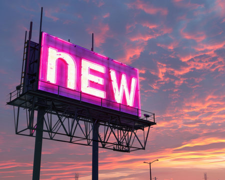 Bright pink billboard with the word new illuminated against a stunning sunset skyの素材