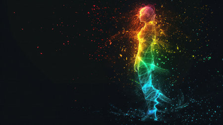 Abstract glowing figure in rainbow colors on a dark background, representing movement and creativityの素材