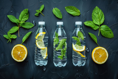 Fresh lemon and mint infused water bottles on a dark textured backgroundの素材