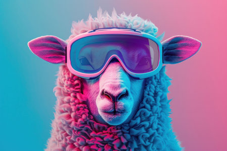 A vibrant sheep wearing stylish ski goggles against a gradient pink and blue background, showcasing a playful and modern conceptの素材