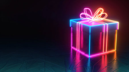 A vibrant neon gift box illuminated with colorful lights against a dark backdropの素材