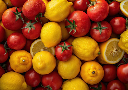 A vibrant assortment of red tomatoes and bright yellow lemons arranged closely together on a neutral backgroundの素材