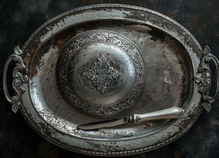 Vintage silver serving tray with ornate design and knife on a dark textured backgroundの素材