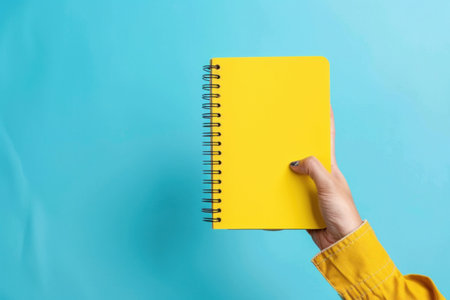 Hand holding a bright yellow spiral notebook against a vibrant blue backgroundの素材
