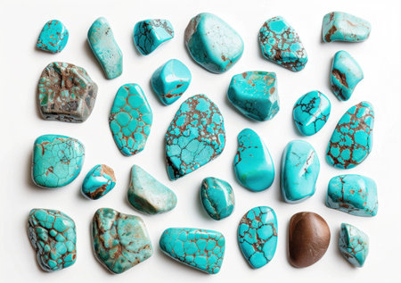 Collection of polished turquoise stones on a light background with intricate patterns and varying shapesの素材