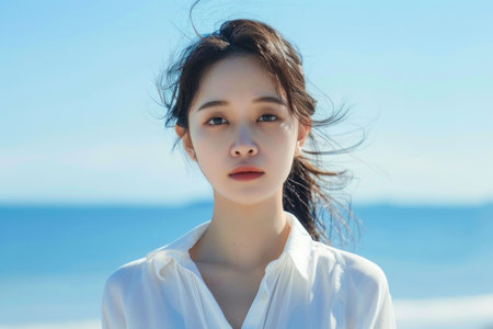Young woman with flowing hair standing by the beach with a clear blue sky and ocean in the backgroundの素材