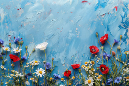 Beautiful arrangement of colorful wildflowers against a textured blue background Inspiring and vibrant scene showcasing nature s beautyの素材