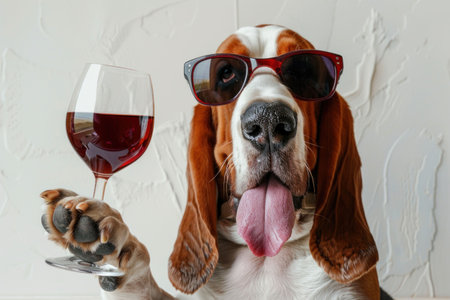 A basset hound wearing sunglasses holding a glass of red wine in its paw against a light textured backgroundの素材