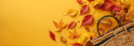 Autumn leaves and flowers scattered around a wicker basket on a bright yellow backgroundの素材