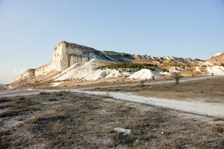 Scenic dirt road leading towards majestic mountain peak with white rocks and trees in backgroundの写真素材