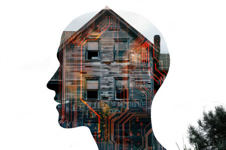 Silhouette of a human head filled with a house facade and circuit patterns, symbolizing the fusion of technology and home lifeの素材