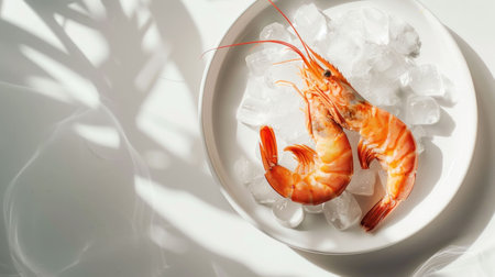 Fresh shrimp on ice in a white bowl with soft shadows on a light backgroundの素材
