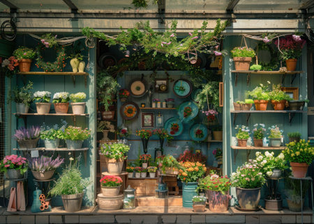 Colorful flower shop display with pots and greenery, vibrant plants arranged on shelves and a charming wooden backdropの素材