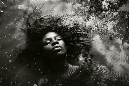 Woman floating gracefully in water surrounded by ripples, captured in black and whiteの素材