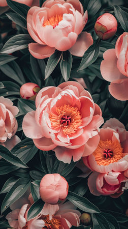 Peony flowers in soft pink hues surrounded by lush green leaves, creating a vibrant natural sceneの素材