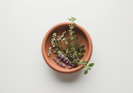 Fresh herbs in a terracotta bowl on a light backgroundの素材