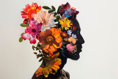 Silhouette of a person with a vibrant floral arrangement as hair against a white backgroundの素材