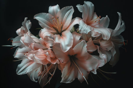 Soft pink lilies arranged beautifully on a dark background, highlighting their delicate petals and intricate detailsの素材