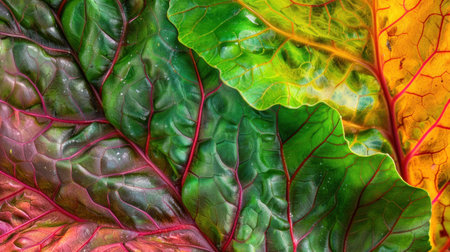 Colorful close up of Swiss chard leaves with vibrant green, yellow, and red hues on a textured surfaceの素材