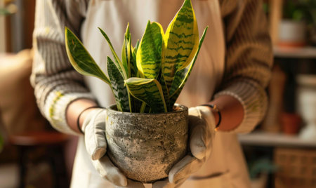 A person holds a snake plant in a textured pot, wearing gloves, surrounded by a cozy indoor garden ambianceの素材