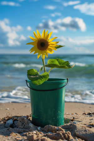 A vibrant sunflower growing in a green bucket on a sandy beach near the ocean The background features blue skies and gentle wavesの素材