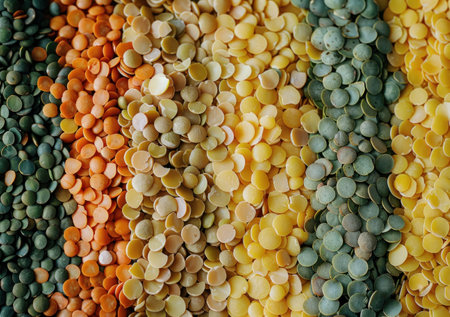 Colorful array of lentils arranged in stripes on a textured surface showcasing rich hues from orange to greenの素材