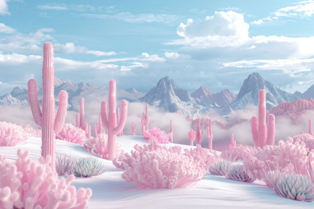 Surreal pink landscape with cacti and mountains under a cloudy skyの素材