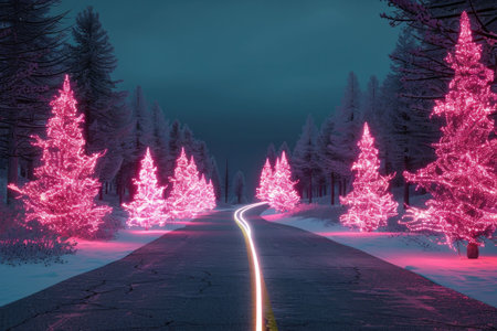 Road through a snowy landscape with pink glowing trees on either side, creating a vibrant and festive atmosphereの素材
