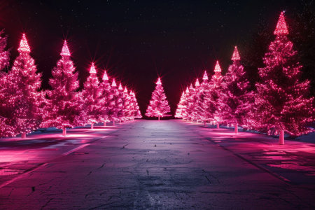 Illuminated pink Christmas trees lining a snowy path at night, creating a magical winter sceneの素材