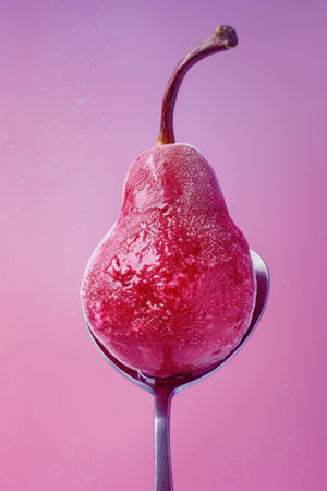 A glossy red pear perched on a metallic spoon against a vibrant pink backgroundの素材