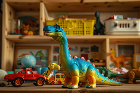 Colorful toy dinosaur and cars on a wooden shelf with various toys and decorations in the backgroundの素材