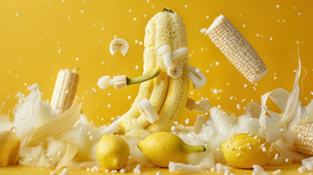 Playful arrangement of a banana, corn, and lemons set against a vibrant yellow backgroundの素材