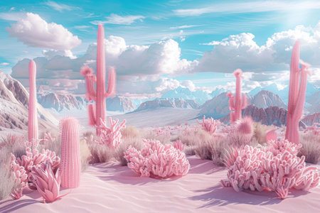 Surreal landscape with pink cacti and fluffy clouds under a vibrant skyの素材