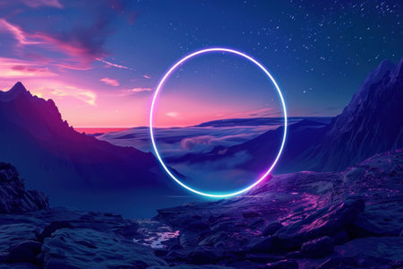 A glowing neon circle in a dramatic landscape at dusk, surrounded by mountains and a misty valley under a starry skyの素材