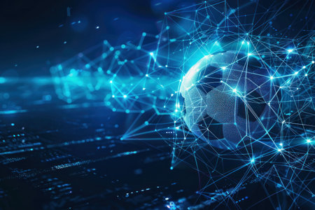 Futuristic soccer ball surrounded by digital connections and glowing lines on a dark backgroundの素材